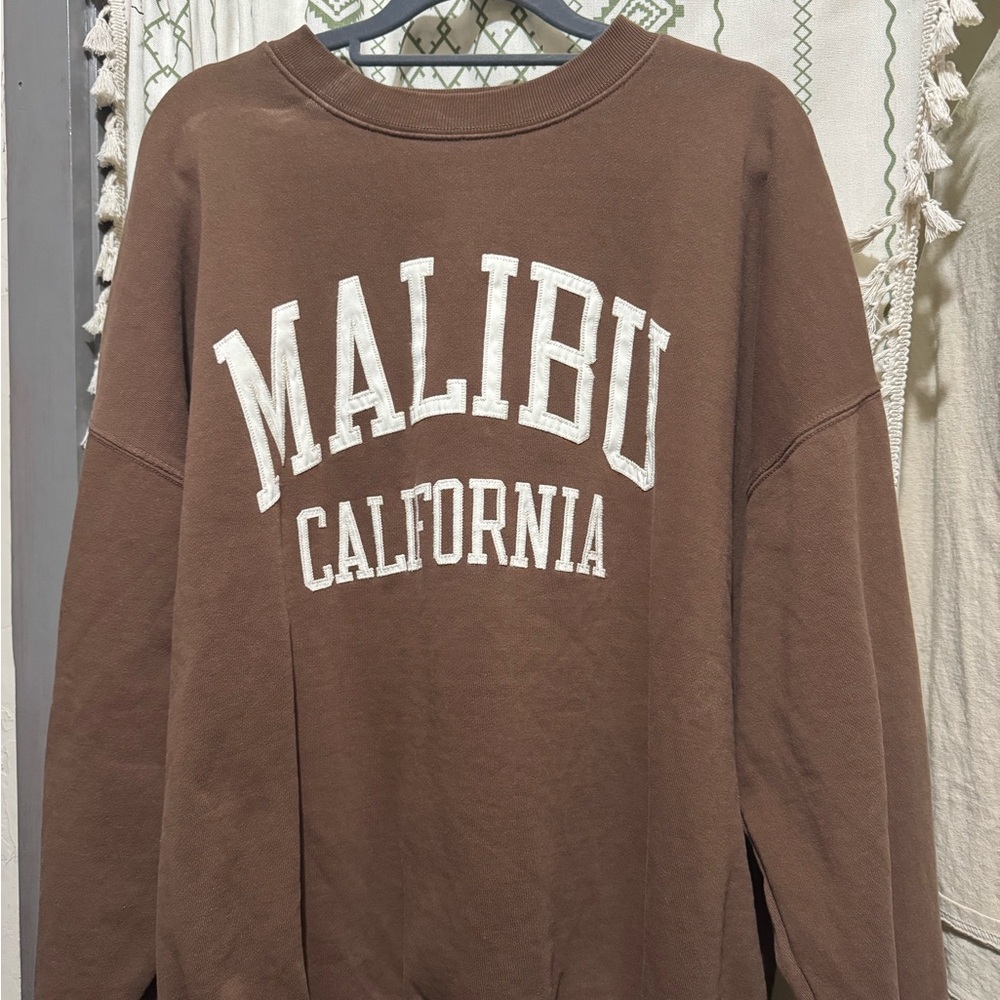 Brandy Melville Brown Crew Neck Sweater with Malibu Text